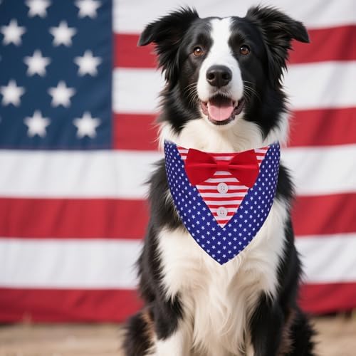 ADOGGYGO American Flag Dog Tuxedo Bandana, Red Blue Pet Tux with Bowtie Adjustable 4th of Julty Bandana Costume for Extra Large Dogs Pets (XL)
