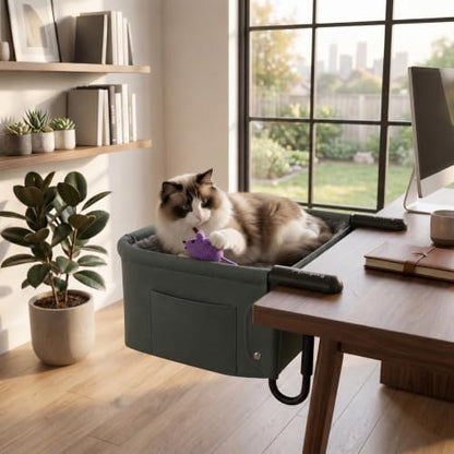 Heavy Duty Clamp-On Cat Desk Bed for Large Cats Up to 50 LBS,Desk Mount Cat Perch Hammock with Dual-Sided Detachable Mat&Side Storage Pockets,Tool-Free Easy Install for Gaming/Office Desk（Sage Green）