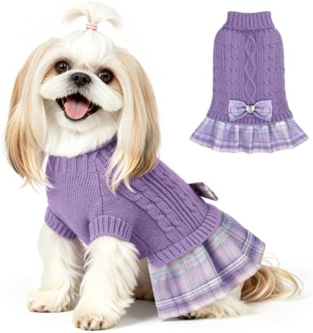 YUDODO Small Dog Sweater Dress with Bowtie Turtleneck - Knitted Pet Clothes