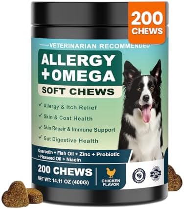 Dog Allergy Chews Omega 3 is Human,Itch Relief Multivitamin Medicine for Dogs Itching Skin Relief and Aller Immune Pet Allergy Dog Anti Itch Chews Pills Meds Medicine for Dogs Chicken Flavor