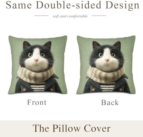 InkRain Winter Animal Cute Tuxedo Cat Pillow Cover 14x14 Inch Set of 2 Home Decor Decorative Cotton Linen Illustration Pillowcases for Living Room House Sofa