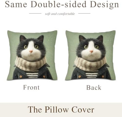 InkRain Winter Animal Cute Tuxedo Cat Pillow Cover 26x26 Inch Set of 2 Home Decor Decorative Cotton Linen Illustration Pillowcases for Living Room House Sofa