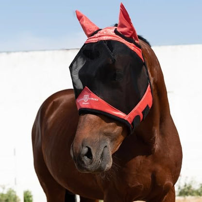 Harrison Howard Horse Fly Mask with Ears, Half Face Fly Mask for Horses, UV Protection, Large Eye Space Coral Orange XL