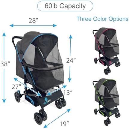 27.2” Buddy Buggies Foldable Pet Stroller - Shock Absorbing Frame with Storage - Machine Washable Fabric - Durable Mesh & UV Protected Retractable Canopy - Cat & Dog Stroller Up to 60lb