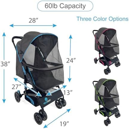 27.2” Buddy Buggies Foldable Pet Stroller - Shock Absorbing Frame with Storage - Machine Washable Fabric - Durable Mesh & UV Protected Retractable Canopy - Cat & Dog Stroller Up to 60lb
