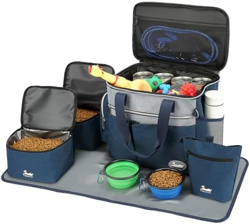 Dog Travel Bag for Pet Kit for Supplies with 2 Food Storage Containers 2 Collapsible Bowls 1 Feeding Mat 1 Dog Treat Pouch 7-Piece Set Perfect Road Trips Camping Weekend (Navy Blue)