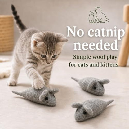 Cat Mouse Toy - 3 Felted Wool Mouse Toys Without Catnip for Indoor Cats and Kittens - Large Handmade Mice