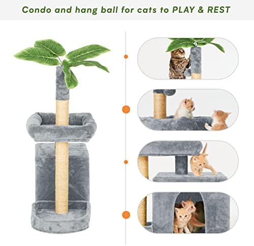 31.5inch Small Cat Tree Tower Condo for Indoor Cats, Soft Plush Multi-Level Climbing Tree Cat House with Cat Cave, Scratching Post, Sisal Rope, Grey