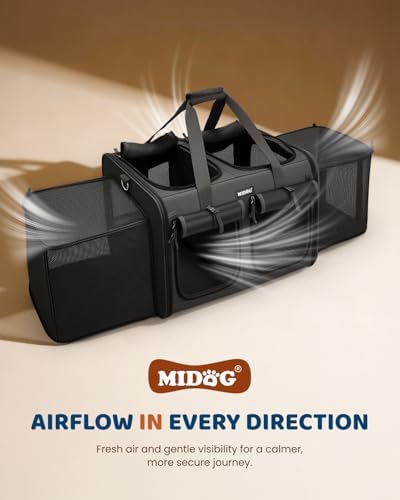 MIDOG Cat Carrier for 2 Cats, Expandable Soft Sided Pet Carrier with Litter Box, Portable Double Compartment Kennel up to 30lbs for Car Travel, Vet Visits, Moving