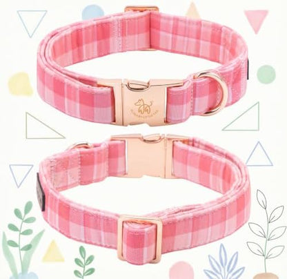 Elegant little tail Dog Collar with Flower, Pink Gingham Flower Girl Pet Collars for Female Dogs Plaid Pet Adjustable Puppy Collars with Flowers for Small Medium Large Dogs