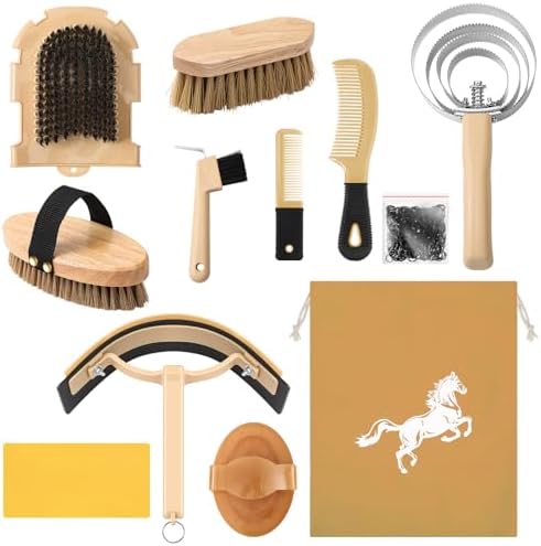 Abbylike 12 Pieces Horse Grooming Kit Equine Care Brushes, Khaki