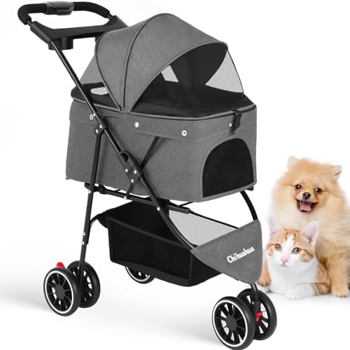 Pet Stroller,Dog Stroller for Small Medium Dogs Cats,3 Wheels,Grey