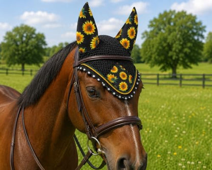 Horse Ear Bonnet for Horses, Sunflower Print Fly Bonnet with Crystal Edge, Handmade Crochet Fly Veil, Breathable Stretch Ears (Black - Sunflower, Pony)