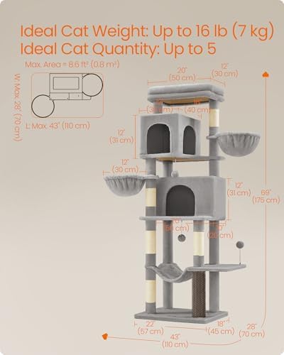 Feandrea Cat Tree, 69-in Large Cat Tower, Multi-Level Condo, Dove Gray