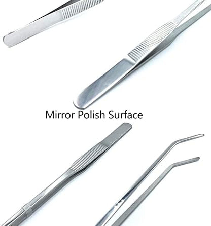2PCS Aquarium Tweezers Stainless Steel Straight and Curved Tweezers Set Long Handle Reptile Feeding Tongs for Aquatic Plants Lizards Spider Snakes Garden Repairing - 10.6inch, Silver