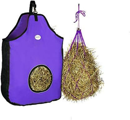 Majestic Ally 1200 D Hay Feeder Tote Bag for Horses, Sheep with Reflective Trim- Reduces Waste - Comes with 36” Hay Net (Purple)