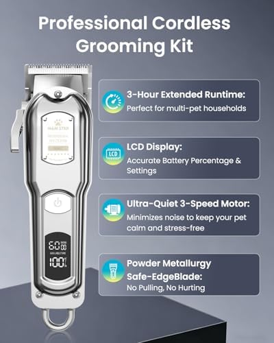 M&M STAR Dog Clippers for Grooming Thick Heavy Coats, All-Metal Body Low Noise Cordless Rechargeable Dog Hair Trimmer, Stainless Steel Blade, Professional Pet Grooming Kit for Dogs & Cats (Silver)