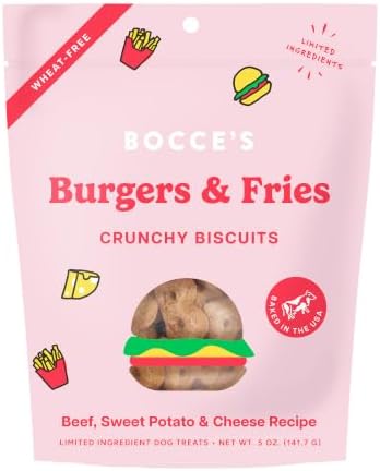 Bocce's Bakery Burgers & Fries Flavor Crunchy Biscuits Dog Treats, 5 oz