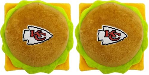Pets First NFL Kansas City Chiefs Stadium Cheese Burger Plush Dog & Cat Squeak Toy with Beautiful Team Name & Logo (Pack of 2)