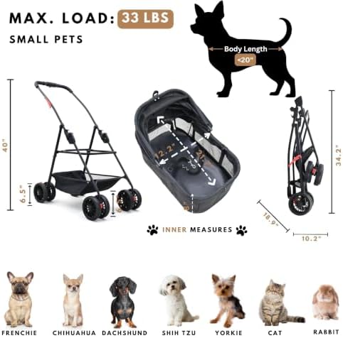 Bicystar 3 in 1 Pet Stroller, Cat Stroller w/Detachable Carrier, Black