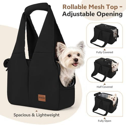 Dog Purse Carrier for Small Dogs and Cats, Soft-Sided Pet Tote Bag with 6 Large Pockets, Collapsible Travel Puppy Carrier with Small Cushion, Fits Pets up to 6 lbs (Black, 13.6" L x 6.6" W x 10" H)