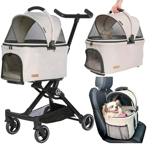 ROODO 2026 Upgraded Version 3 in 1 Dog Cat Stroller with Detachable Carrier Lightweight Folding Portable All Terrain Pet Travel System Puppy Kitty Doggie Bunny Stroller for 30lbs(Light Khaki)