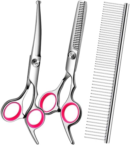 FAIGEO Dog Grooming Scissors Kit, Premium Stainless Steel Dog Shears with Curved Shears+Pink 4 Piece