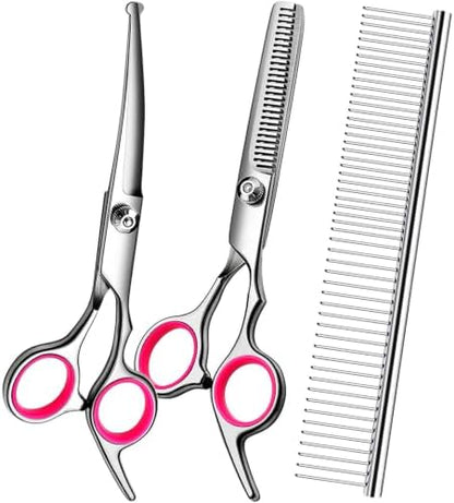 Dog Grooming Scissors Kit, Premium Stainless Steel Dog Shears with Curved Shears, Sharp Durable for Dogs Cats+Pink 3 Piece