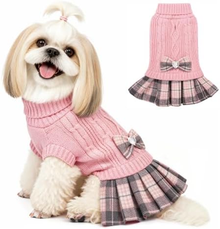 YUDODO Small Dog Sweater Dress with Bowtie Turtleneck - Knitted Pet Clothes