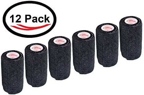 12 Pack Premium Vet Wrap - Self Adhesive Bandage Wrap & Athletic Tape - 4" x 5 Yards Elastic & Self-Sticking Cohesive Bandage for Pets, Sports, Wrists & Ankles - Black by Prairie Horse Supply