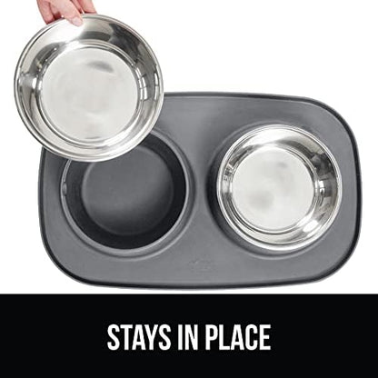 GORILLA GRIP Dog Bowl Set with Feeding Mat, 304 Stainless Steel, 3 Cup Gray