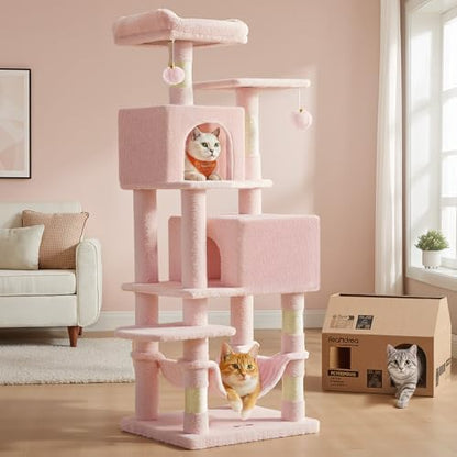 Feandrea Cat Tree, 59.5-Inch Tall Cat Tower, Multi-Level Condo, Jelly Pink