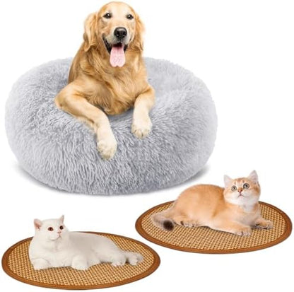 Calming Donut Dog Bed Medium Size Removable Cover + 2 PCS Cooling Rattan Pet Mat, Fluffy Comfort Anti-Anxiety Washable Round Pets Bed with Double-Sided Cool Pad for Medium Dogs/Cat, 31" Gray