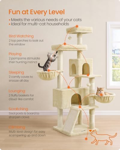Feandrea Cat Tree, 68.5-in Tall Cat Tower, Multi-Level Condo, Beige