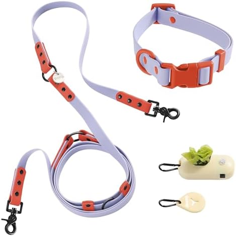 WLK1005E-5SET Luna Medium 8FT Adjustable 6-in-1 Waterproof Hands-Free Leash and Collar with LED Flashlight, Bag Dispenser, and Poop Bag Holder, Sangria