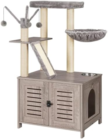 HOOBRO Cat Tree with Litter Box Enclosure, 44" Tall Wooden Cat Tower with Scratching Posts, Cat Hammock, Hidden Litter Box Furniture, All-in-One Indoor Cat Condo, Greige BG48MZ03
