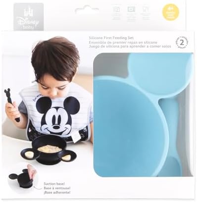 Bumkins Disney Baby Bowl, Silicone Feeding Set with Suction for Baby and Toddler, Includes Spoon and Lid, Essentials for Baby Led Weaning,for Babies 4 Months, Mickey Mouse Light Blue