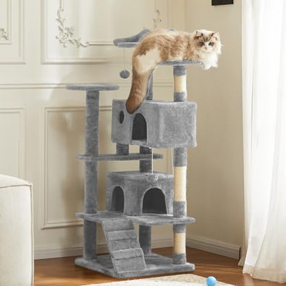 Sweetcrispy 54-Inch Cat Tree Tower – Multi-Level with Sisal Scratching Post, Perfect Pet Gift, Indoor Condo with Climbing Ladder, Plush Toy, and More Animal Stuff, Light Grey