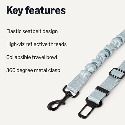 Amazon Basics Reflective Dog Seat Belt with Collapsible Travel Bowl, Elastic Design, 360° Metal Clasp, for Dogs up to 44 lbs, 26.3 inch, Black/Blue/Orange