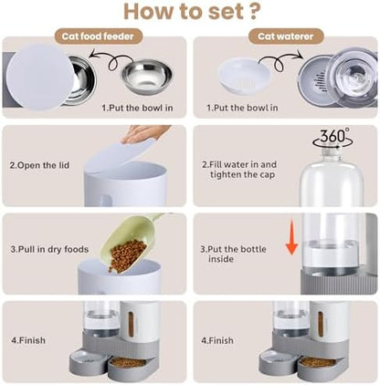 2 Pack Automatic Cat Feeder Stainless Steel Water Dispenser Gravity Food Feeder and Waterer Set with Pet Food Bowl for Small Medium Kitten Puppy Pets Large Capacity(Grey)