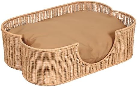 DBD1002B Scallop Handwoven Water Hyacinth Pet Bed with Machine Washable Cushion, 27" x 18.25" Wicker Cat and Dog Bed for Small to Medium Pets, Boho Tropical Style Basket, Light Brown