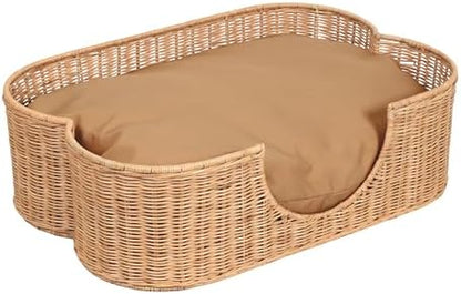 DBD1002B Scallop Handwoven Water Hyacinth Pet Bed with Machine Washable Cushion, 27" x 18.25" Wicker Cat and Dog Bed for Small to Medium Pets, Boho Tropical Style Basket, Light Brown