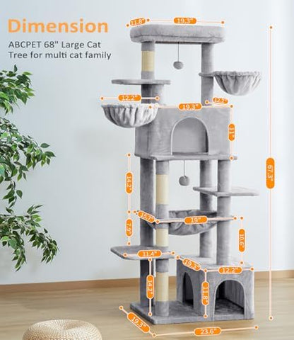 ABCPET 68" Multi-Level Large Cat Tree Tower for Indoor Cats, Light Grey