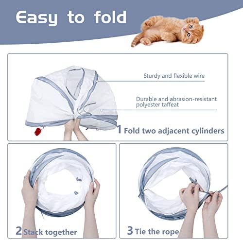 Sheldamy Cat Tunnel, 2-Way Cat Tunnels for Indoor Cats, Collapsible Cat Play Tunnel, Interactive Toy Maze Cat House with 1 Play Ball for Cats, Puppy, Kitty, Kitten, Rabbit (White & Grey)