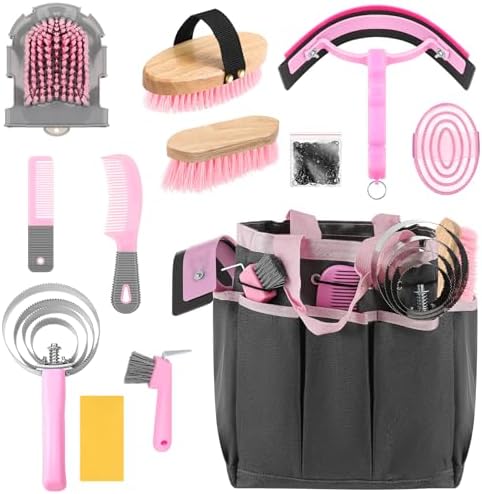Abbylike 12 Piece Horse Grooming Kit with Organizer Tote Bag Brush Sets for Derby Day Show Horses Professional Tools for Care & Massage(Pink and Grey)