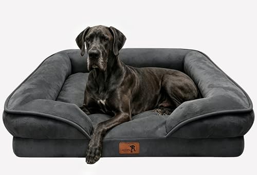 Spotted Play Orthopedic Dog Bed with Sides - Sofa Beds for Extra Large Dogs, Supportive Foam Pet Couch Bed with Washable Removable Cover, Waterproof Lining and Non-Slip Bottom, Dark Grey - XXL