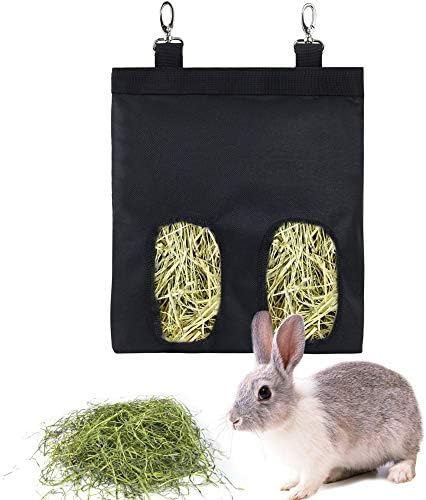 Rabbit Hay Feeder Bag Hanging Hay Rack (Black, 2 Windows)