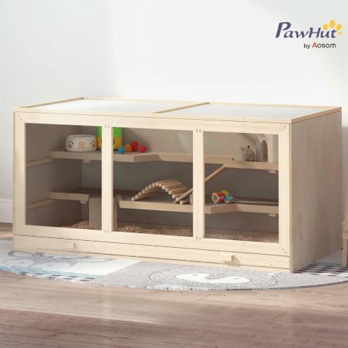 PawHut 45" Extra Large Wooden Hamster Cage, 3-Layer Rat Cage with Opening Roof, PVC Window, Small Animal Habitat for Gerbil, Dwarf & Syrian Hamsters, Natural