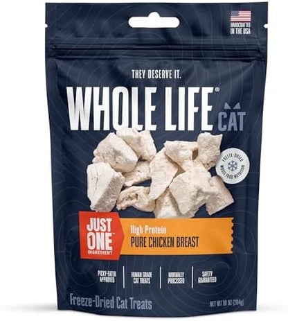 Whole Life Cat Just One Chicken Freeze Dried Cat Treats - Human Grade High Protein Food, Healthy Training Snacks, Freeze Dried Chicken Food Toppers, USA Made Natural Treats - 10 oz (Pack of 1)
