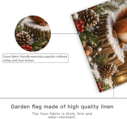 Christmas Squirrel Garden Flag 12x18 Inch Merry Holiday Gift Tree Lantern Pinecone Holly Snowy Woodland Rustic Outdoor Yard Lawn Porch Double Sided Banner Farmhouse Welcome Decor